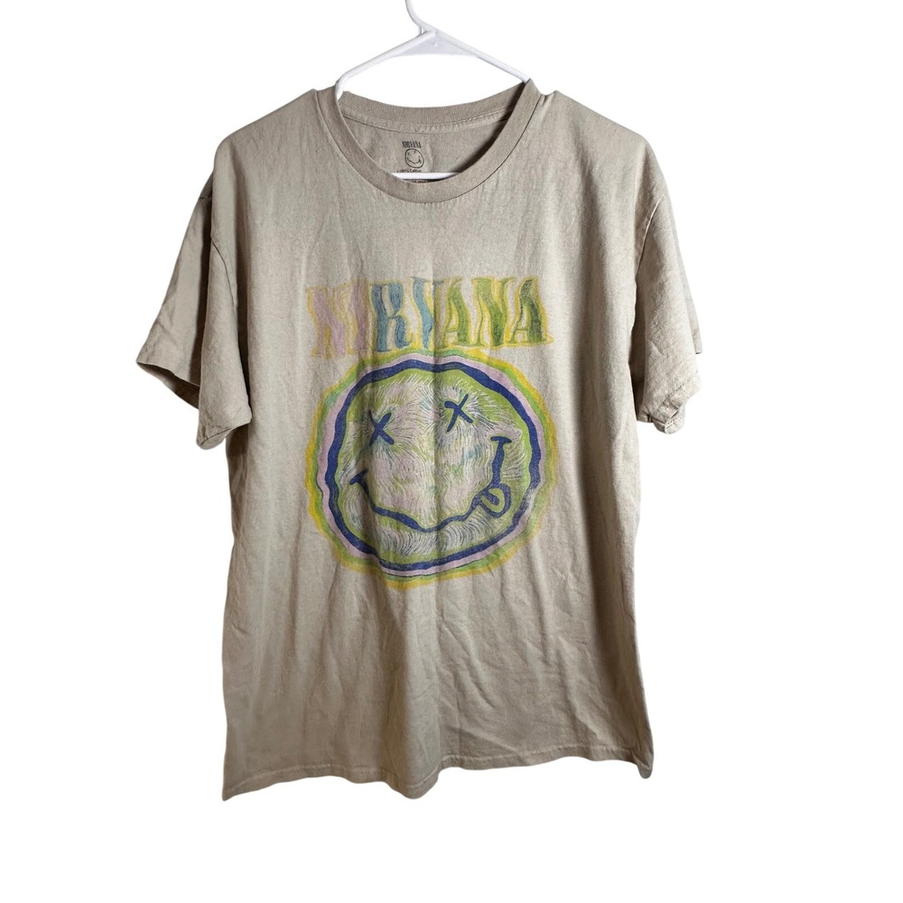 Nirvana Wavy Smiley Face Graphic Band Tee Tan Beige Mens Large L Cotton Shirt